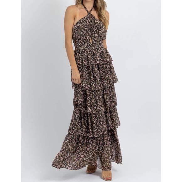 NEW OLIVACEOUS hyland floral frill maxi dress in black - Picture 2 of 5